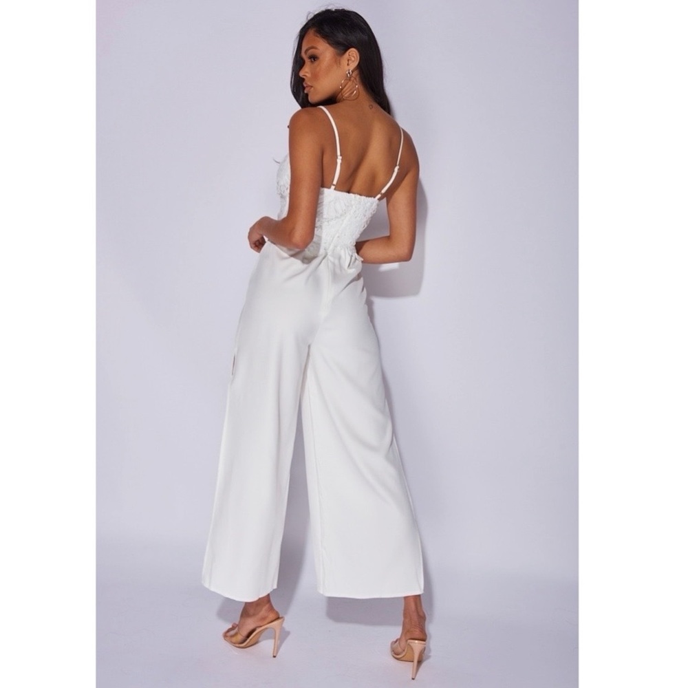 White Lace Sleeveless V-Neck Side Slit Wide Leg Jumpsuit Playsuit - Picture 4 of 15
